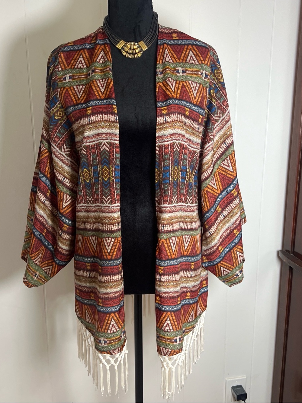 New Directions Size S Multi-Color Bohemian Festival Fringe Kimono Jacket